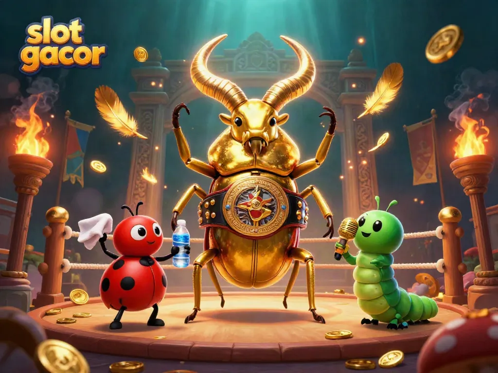Engage with slot gacor in a vibrant 3D scene featuring a golden stag beetle, ladybug coach, and a whimsical announcer.