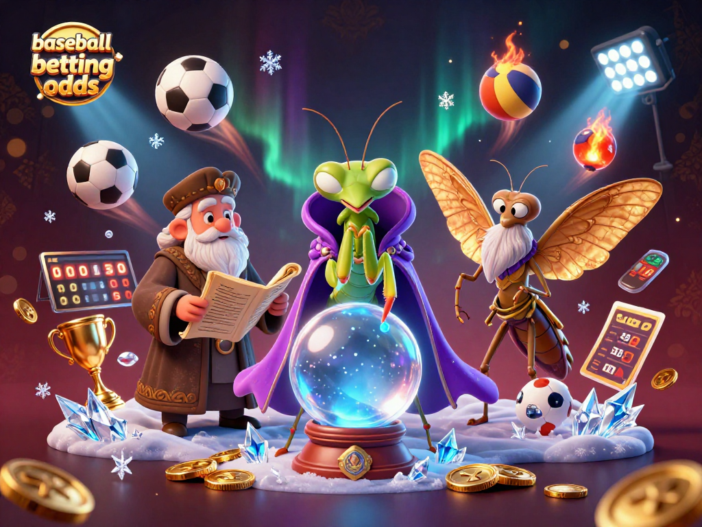 Engage with baseball betting odds through an ultra-detailed scene of fortune tellers and vibrant sports elements.