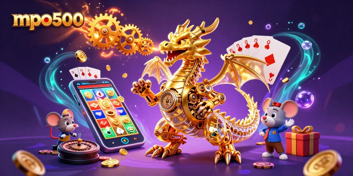 Spin the reels of mpo500 with a biomechanical dragon breathing cogs and golden gears during a thrilling gaming scene.