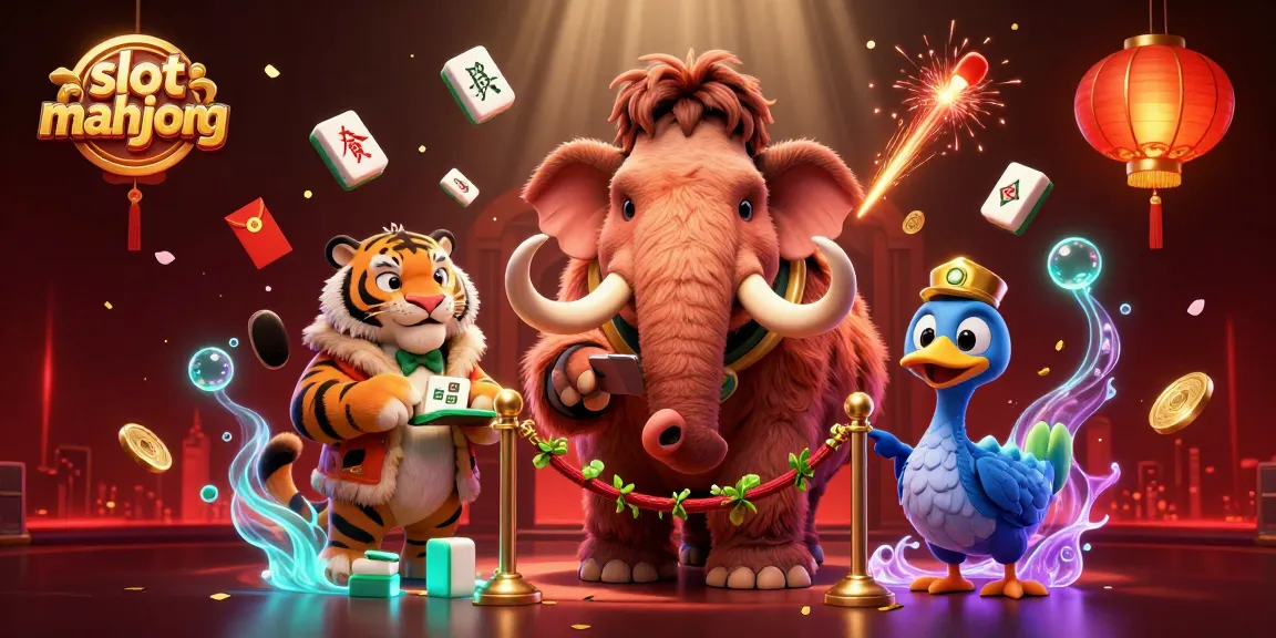 Mainkan slot mahjong dengan karakter unik seperti mamut dan harimau di suasana kasino yang meriah.