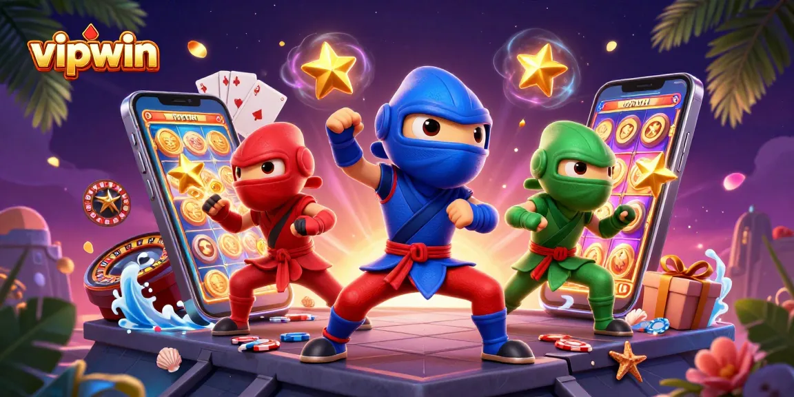 Experience the thrill of vipwin with a dynamic team of chameleon ninjas amid vibrant casino games.