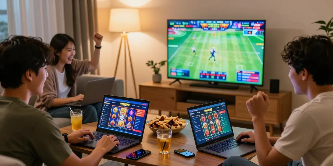 Friends celebrating a win on situs raja328 during a fun online gaming night
