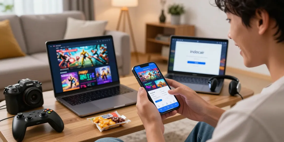 User enjoying the indocair login experience on a smartphone in a cozy living room setting.