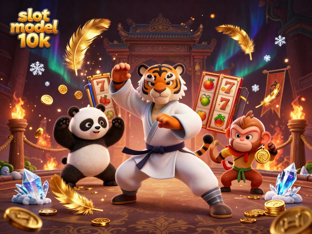 Experience the dynamic slot modal 10k action with kung fu tiger, panda, and monkey amid vibrant casino elements.