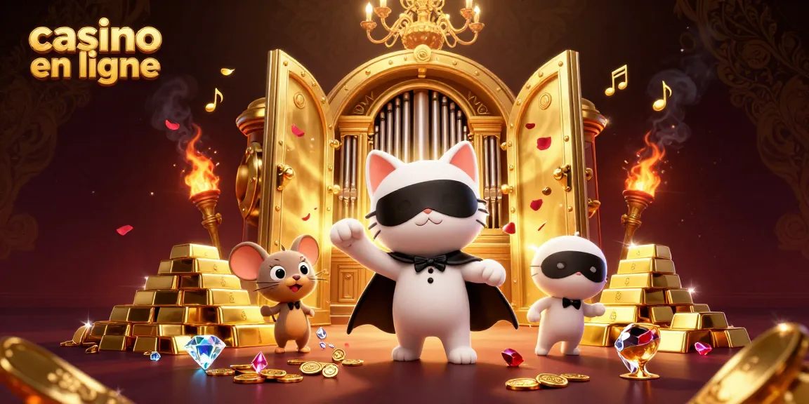 Jouez au casino en ligne avec une illustration 3D captivante mettant en scène un chat en masque et un orgue de casino.