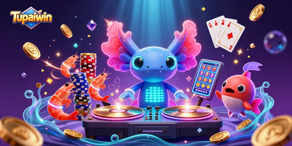 Tupaiwin's vibrant underwater casino scene shows an axolotl DJ alongside shrimp dancers and a blowfish hype-man, capturing the excitement of online gaming.