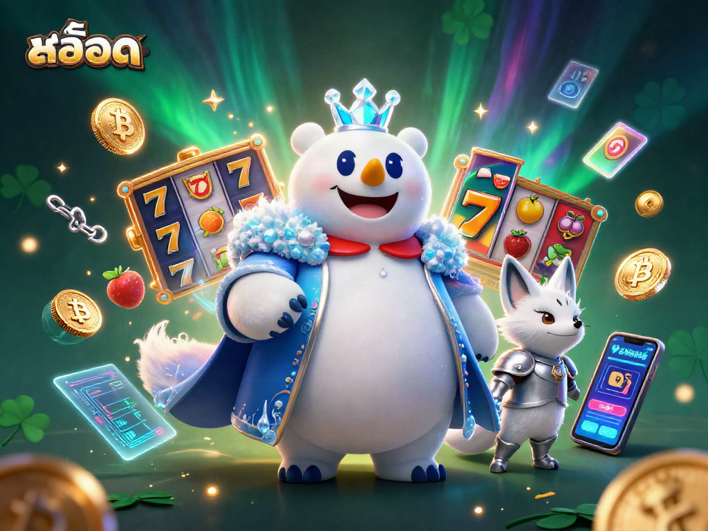 Engage in สล็อต gaming with a cartoon ice king polar bear and snow fox in a vibrant casino scene.