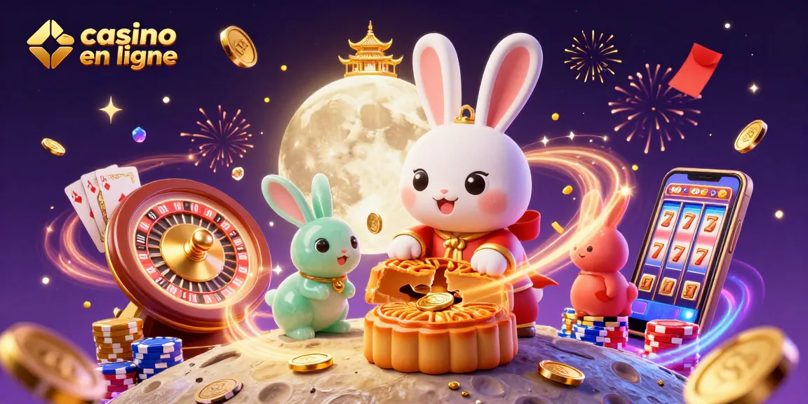 Jouez à un casino en ligne avec un lapin de lune et des jetons de poker entre des pièces d'or scintillantes.