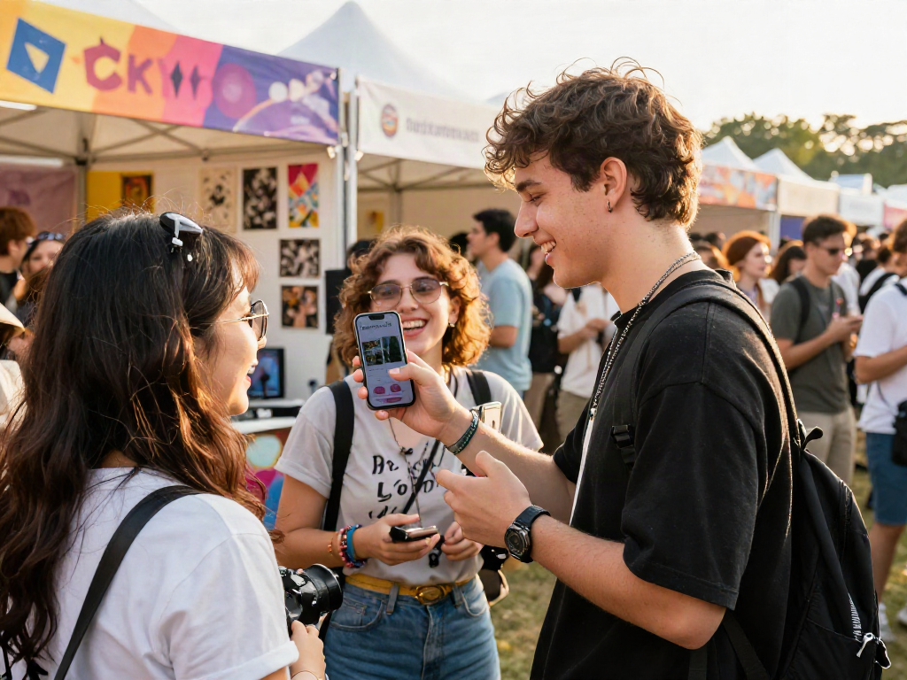 Younger festival-goer using the celebrity i look like app while enjoying the vibrant atmosphere.