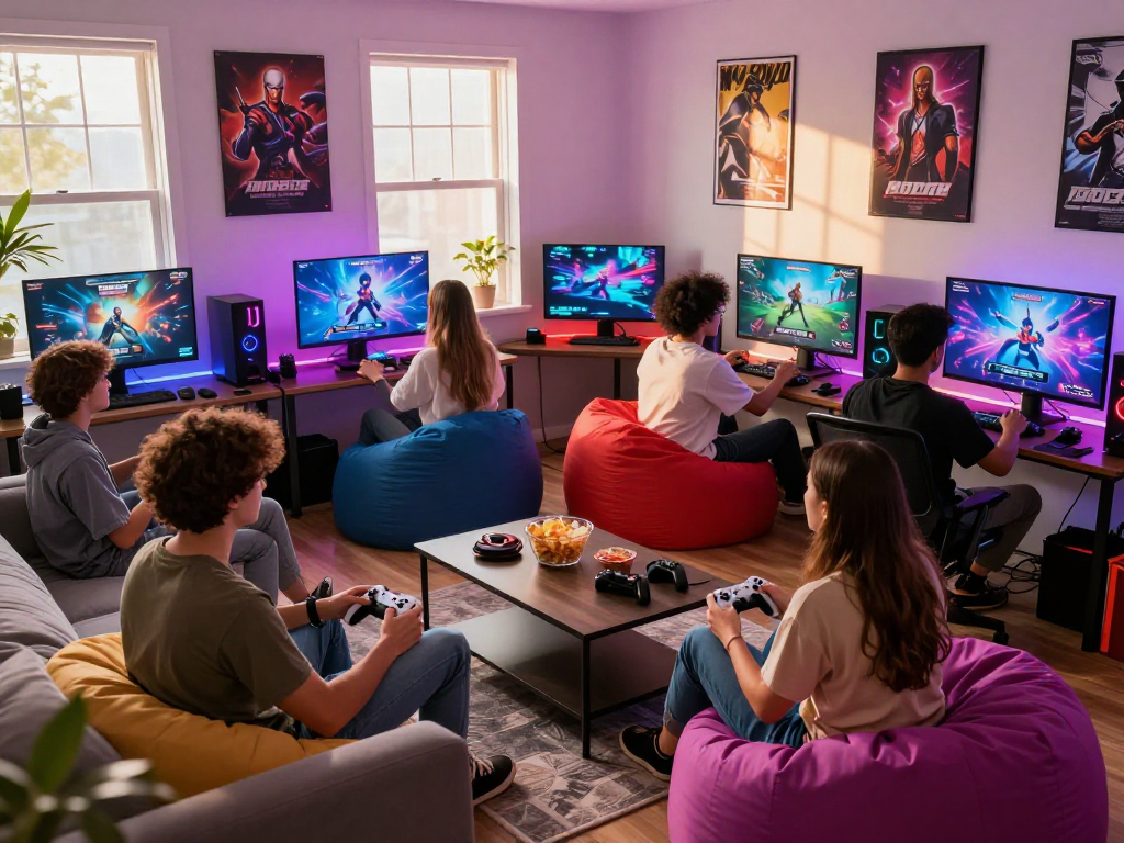 Friends enjoying interactive porngames together in a vibrant gaming room with colorful lights and snacks.