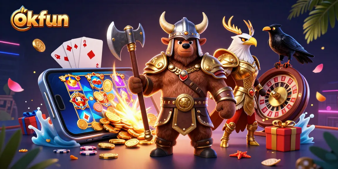 Engage with okfun through an exciting 3D illustration of a bear and eagle in a vibrant casino setting.