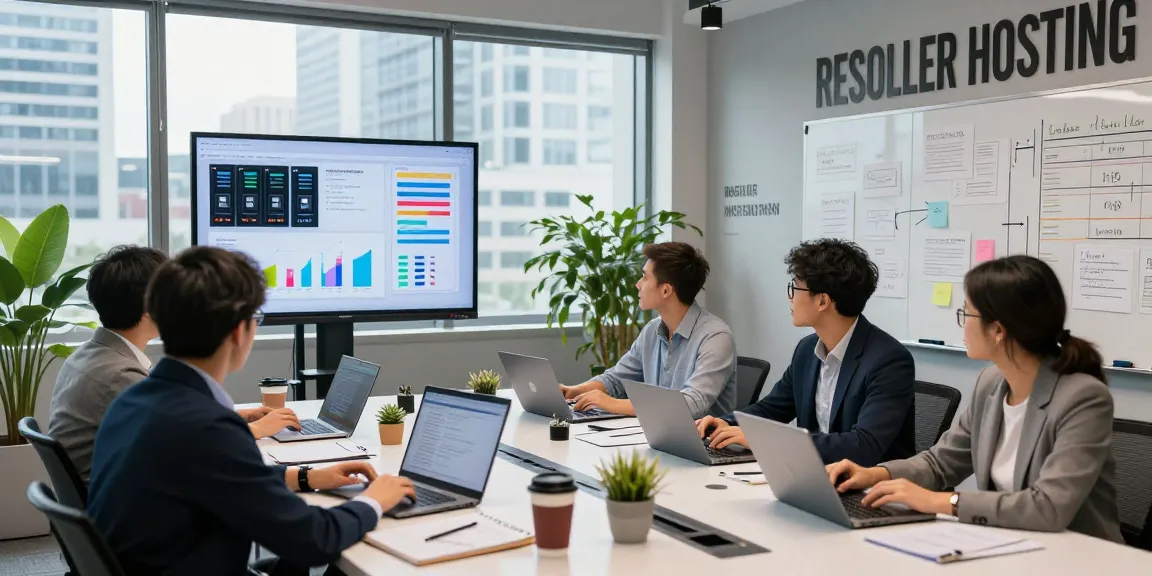 Collaborative team discussing reseller hosting strategies in a modern office.