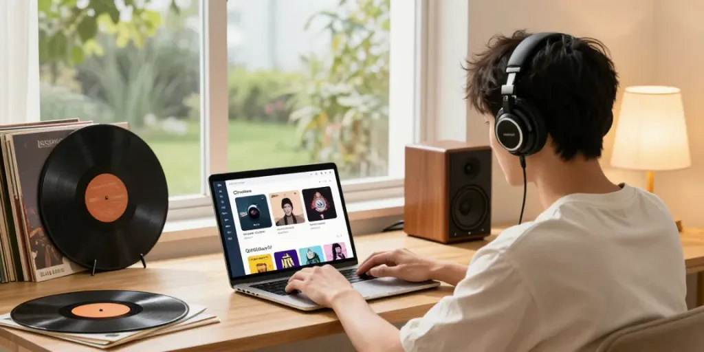 在舒适的家中音频设置里，年轻人享受着音乐，使用QishuiDouyin平台，营造轻松愉快的氛围。