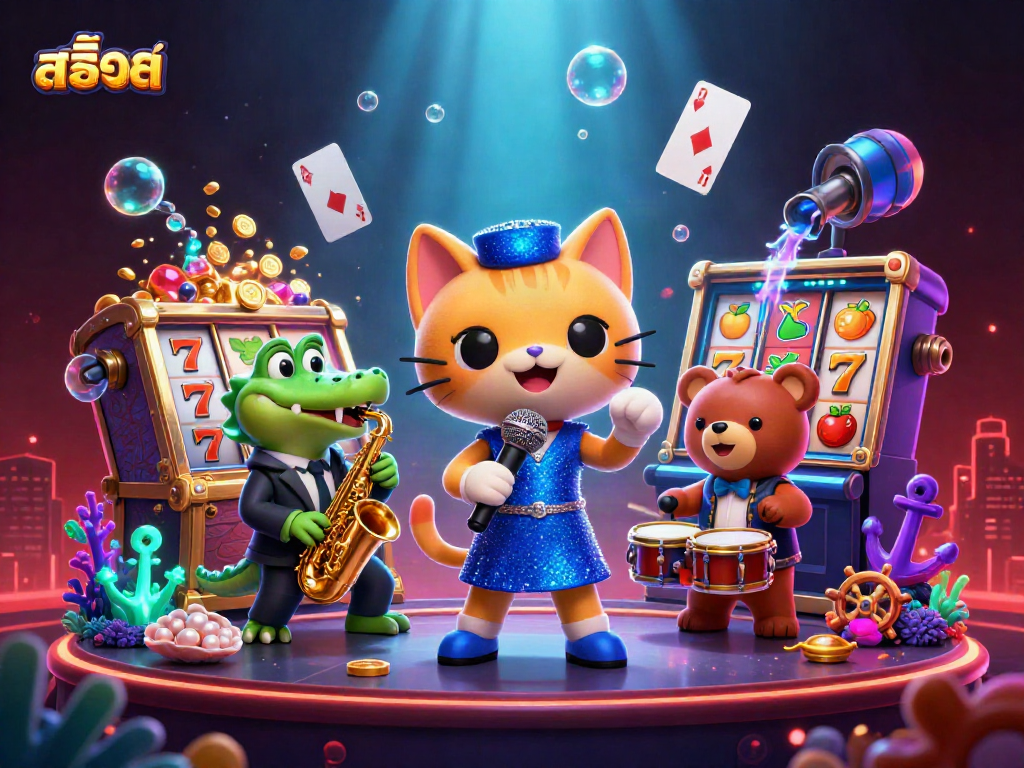 Spin the reels with สล็อต symbols in this vibrant 3D casino illustration featuring lively characters.