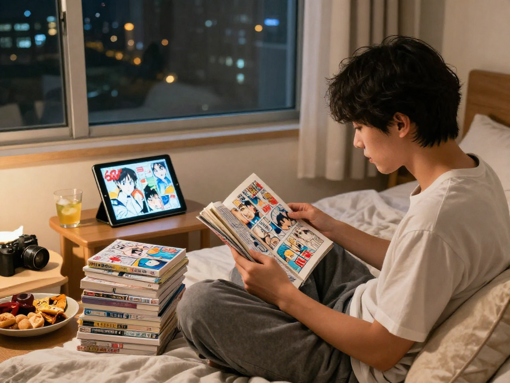 Read Raw Manga in a cozy bedroom setting with colorful manga pages and snacks