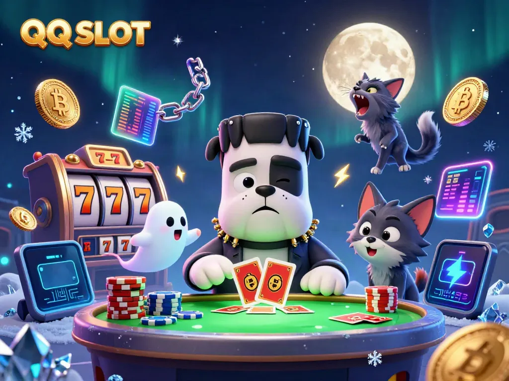 Engage with QQ SLOT at a thrilling casino table, featuring vibrant characters and dynamic slot game elements.
