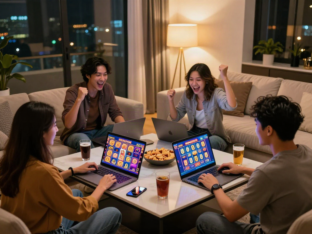 Exciting group gaming session on slot gacor with friends in a modern home.