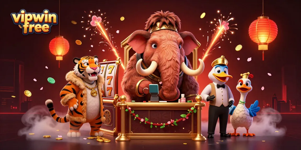 Experience excitement with vipwin free in a bustling casino scene featuring a woolly mammoth bouncer and vibrant gaming elements.