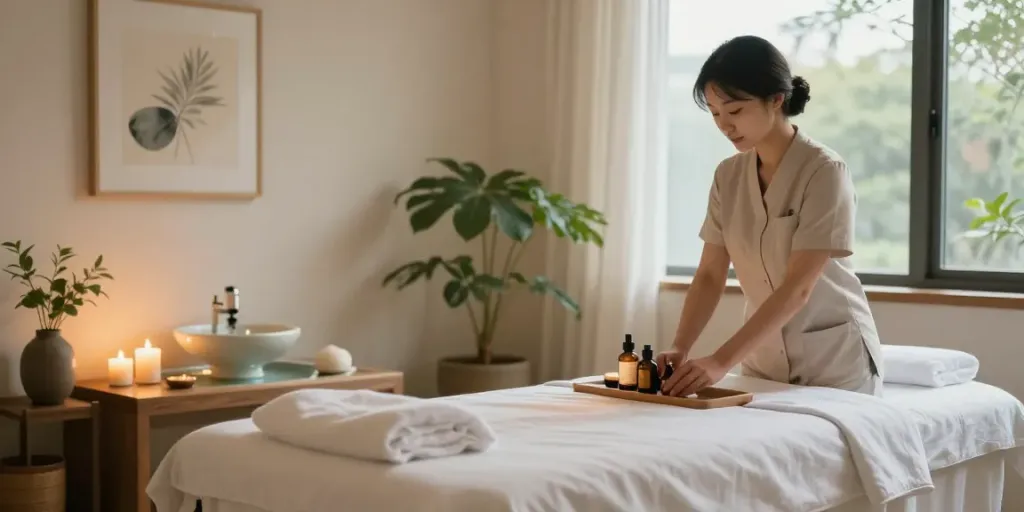 Relaxing massage therapy atmosphere featuring 강서구출장마사지 with calming elements.
