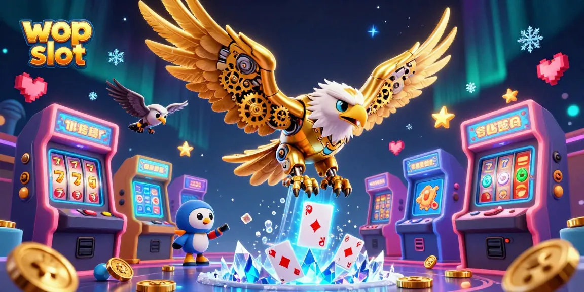 Menangkan permainan di wop slot dengan ilustrasi 3D kartun yang menampilkan elang sibernetik dan mesin slot berwarna-warni.
