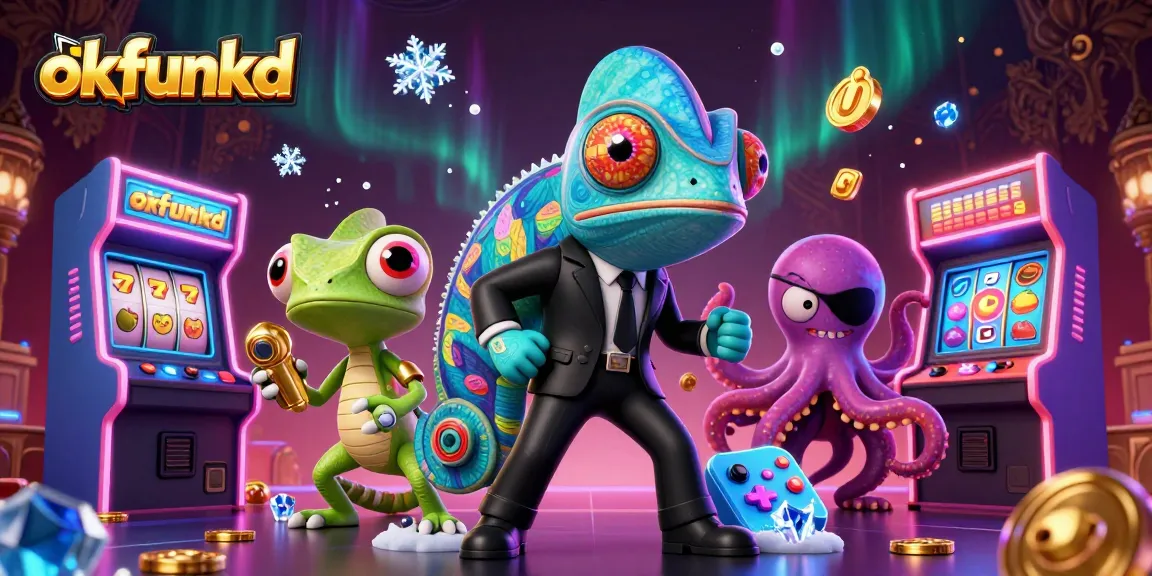 Experience thrilling gaming at okfunkd with an engaging 3D casino illustration featuring vibrant characters and elements.