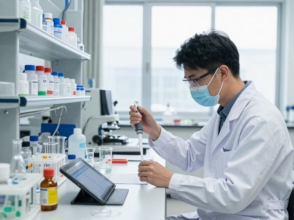 Ozon Chemical technician measuring high-quality reagents in a bright laboratory.