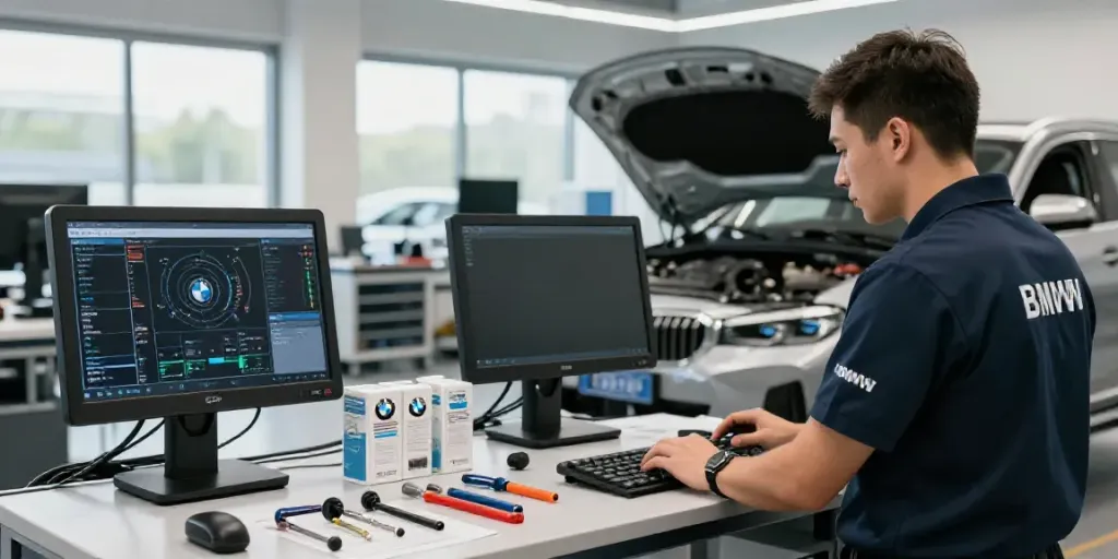Technicians at a bmw werkstatt hannover performing inspections on a vehicle in a professional workshop.