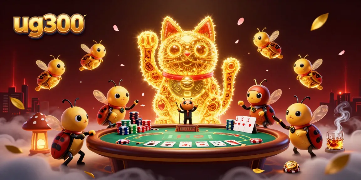 Menangkan permainan di ug300 dengan kucing hoki raksasa dikelilingi chip poker berwarna-warni dan elemen kasino.