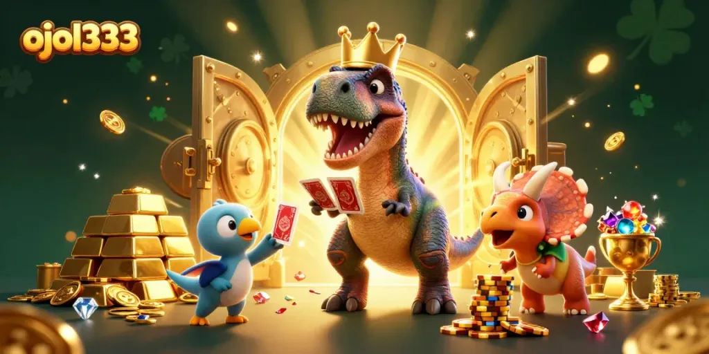 Experience ojol333 as T-Rex shuffles cards while a pterodactyl assists; dynamic gambling scene.