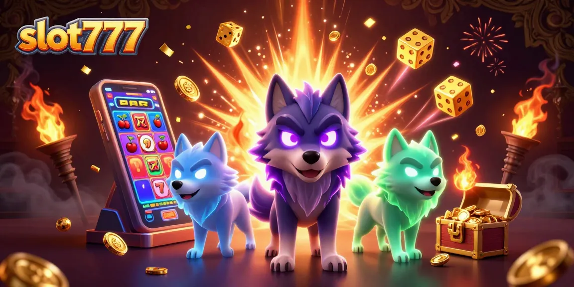 Spin and win at slot777 with vibrant slot machines, glowing wolves, and dynamic casino elements