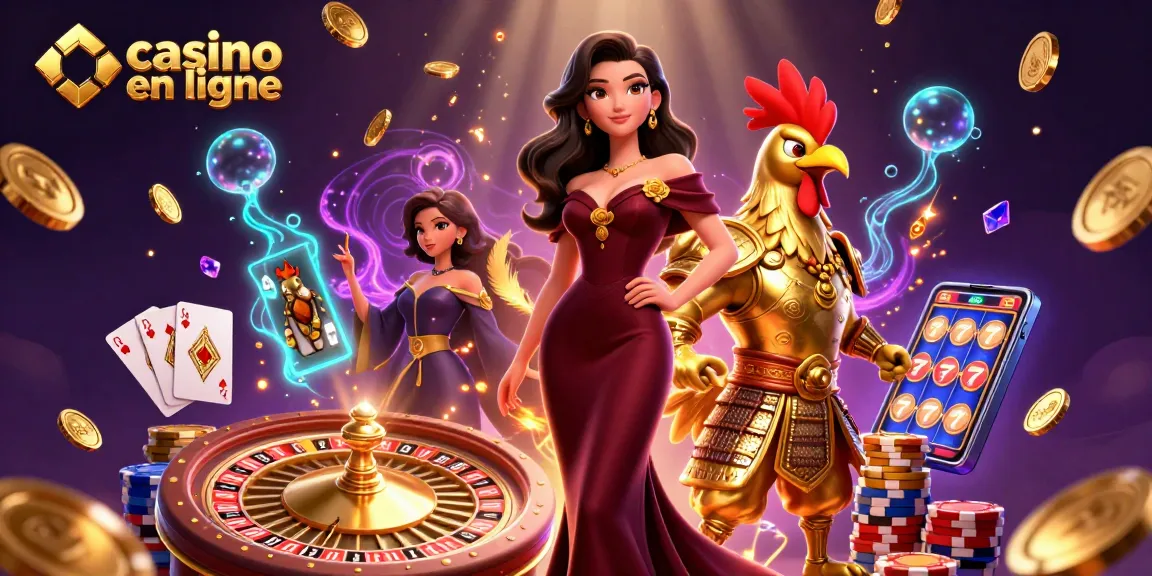 Vivez une action palpitante de casino en ligne avec une femme glamour et un guerrier coq doré entourés de jeux vibrants et de pièces.