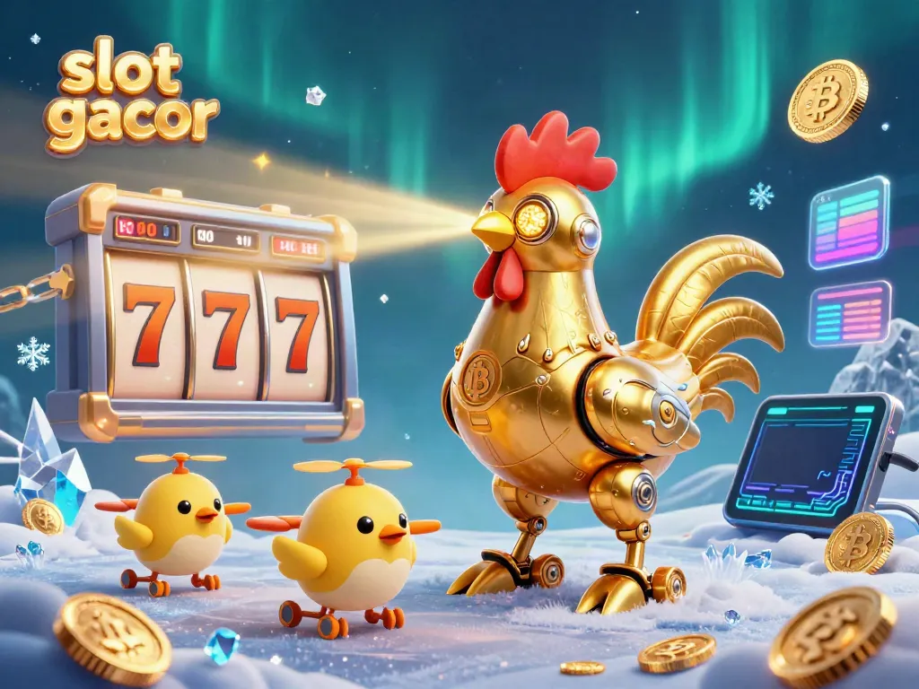 Engage with the thrilling slot gacor experience in a vibrant, digital casino scene featuring a golden rooster robot.