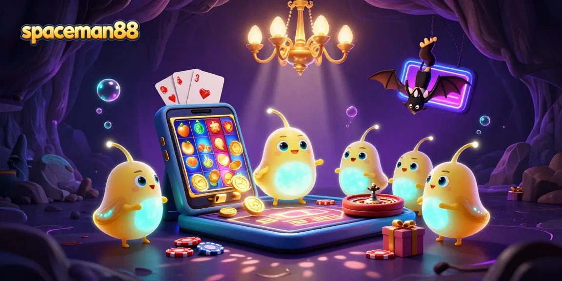 Experience the vibrant energy of spaceman88 in a colorful cave casino scene with dynamic game elements.