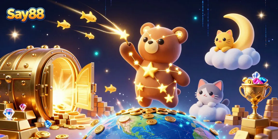 Engage in the world of say88 as you scoop coins from a cosmic treasure in this vivid casino illustration.
