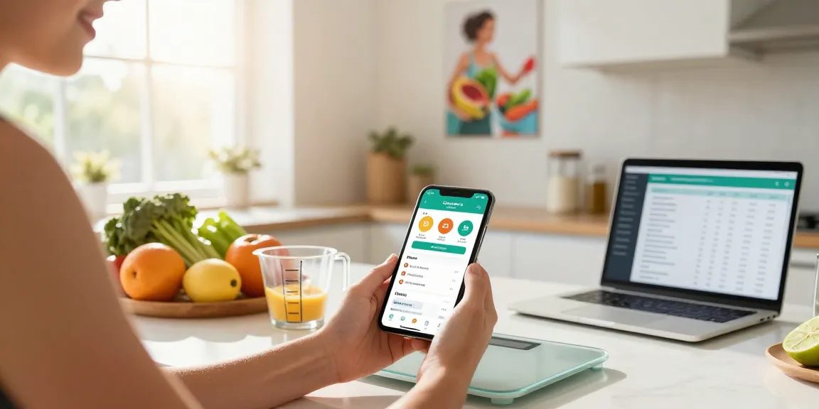 Healthy individual logging meals using the best calorie tracking apps in a bright kitchen.