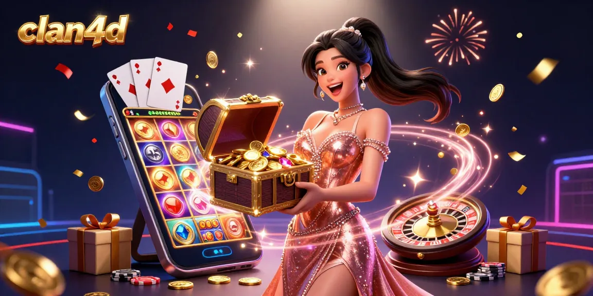 Experience thrilling wins with clan4d's vibrant 3D casino illustration featuring exciting games and treasures.