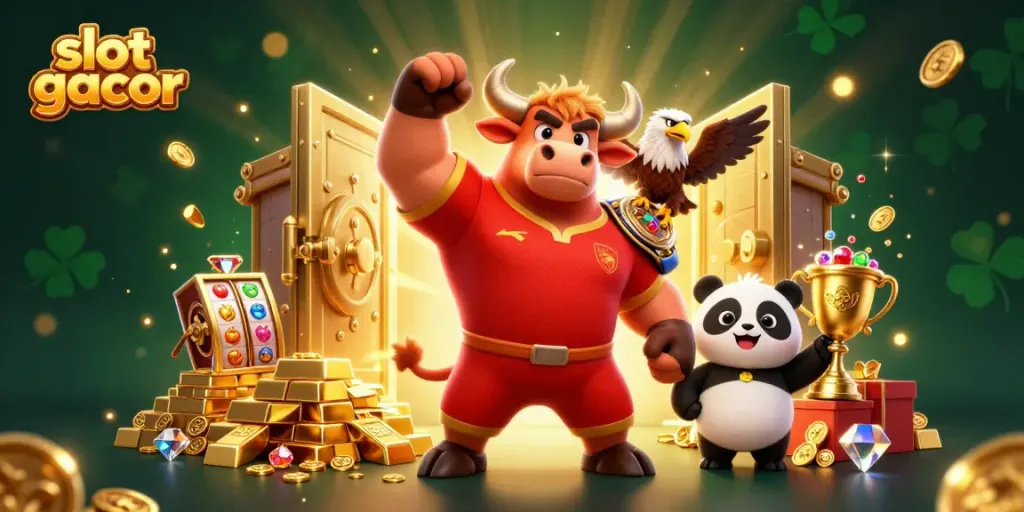 Engage with slot gacor excitement through a lively 3D scene featuring animated casino characters and slot elements.