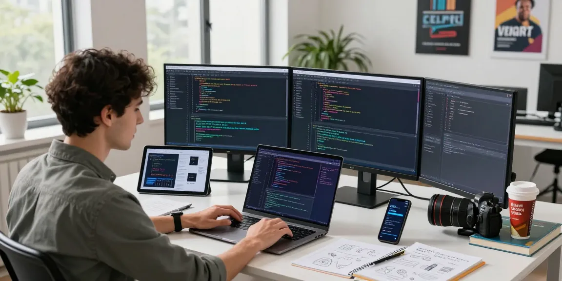 Young developer at a modern workspace coding on a laptop, showcasing the essence of teiegramin.com.