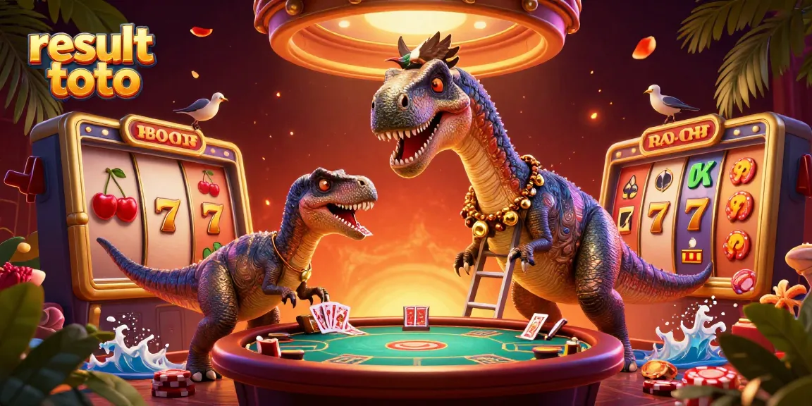 Engage with result toto in a whimsical casino scene featuring a brontosaurus and a raptor dealing cards.