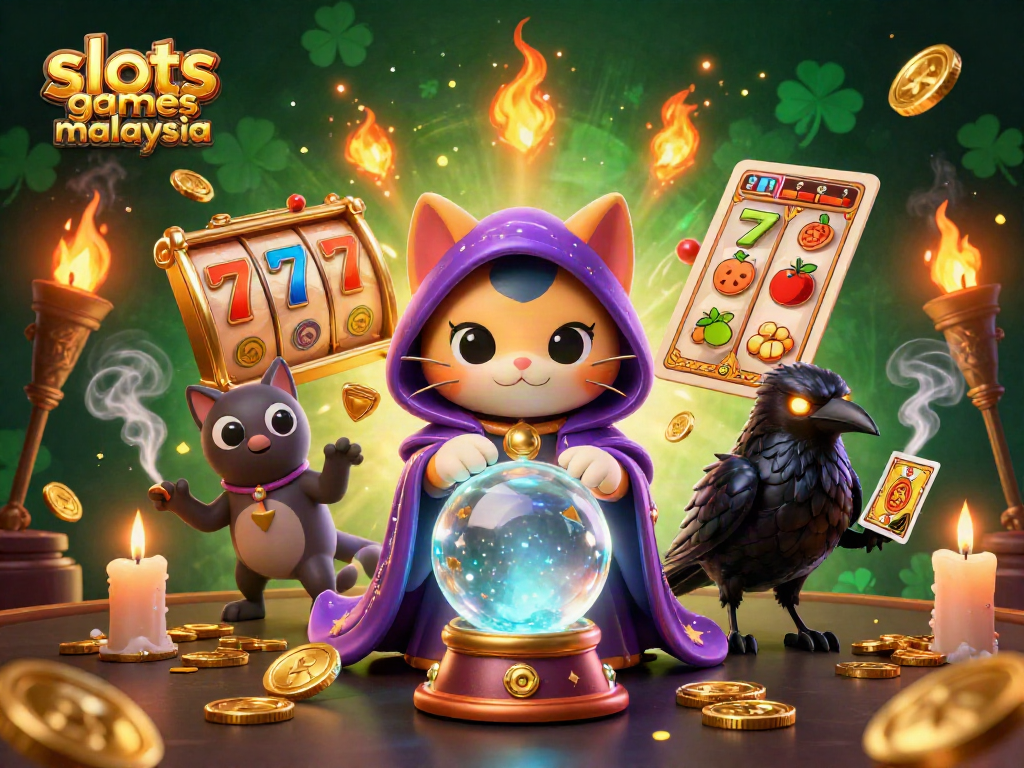 Experience slots games malaysia with an enchanting fortune teller cat and mystical elements in a vibrant casino scene.
