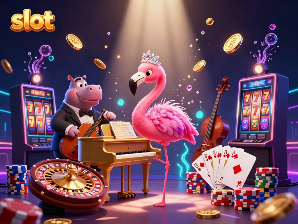 Engage with thrilling slot gameplay amidst a vibrant casino concert featuring a flamingo singer and hippo bassist.