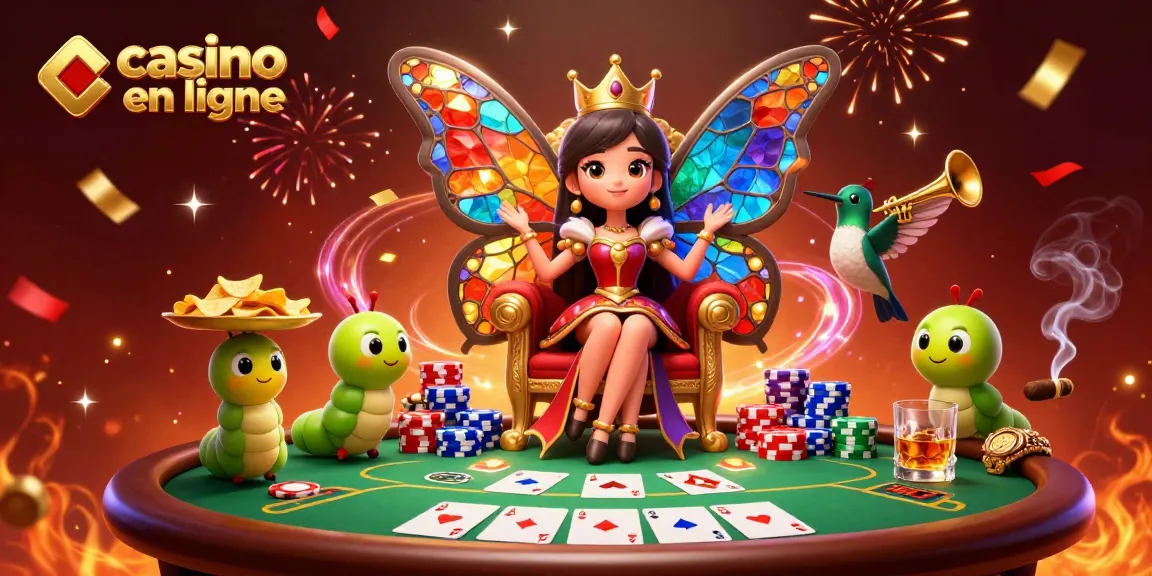 Pour gagner au casino en ligne, admirez la reine des papillons jouant au poker avec des protagonistes colorés.