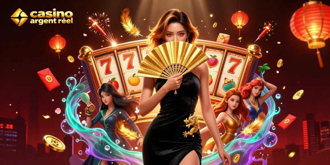 Vivez des expériences de jeu palpitantes au casino en ligne argent réel avec une femme asiatique captivante dans une tenue luxueuse, entourée d'éléments de jeux de machines à sous vibrants.