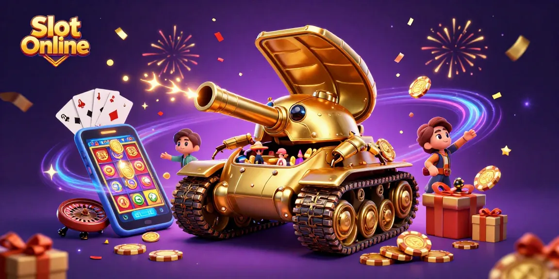 Spin and win with colorful Slot Online scene featuring a cartoon casino tank and animated game elements.
