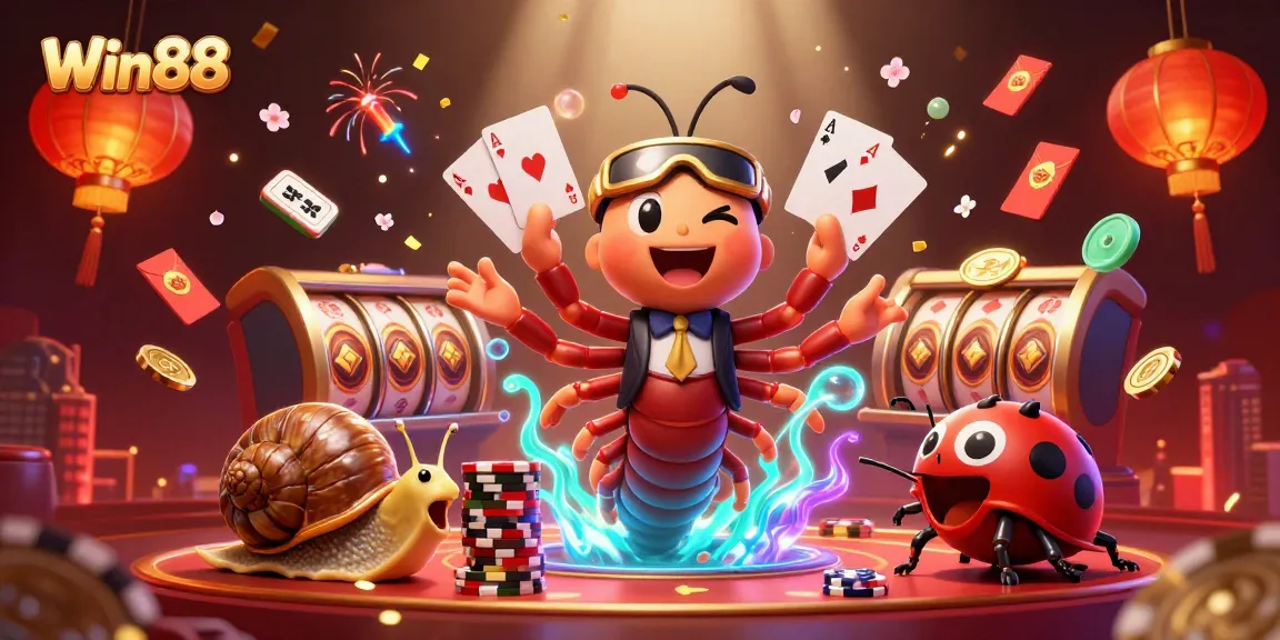 Spin to win at Win88 with a vibrant 3D scene featuring a millipede dealer and high-rollers.