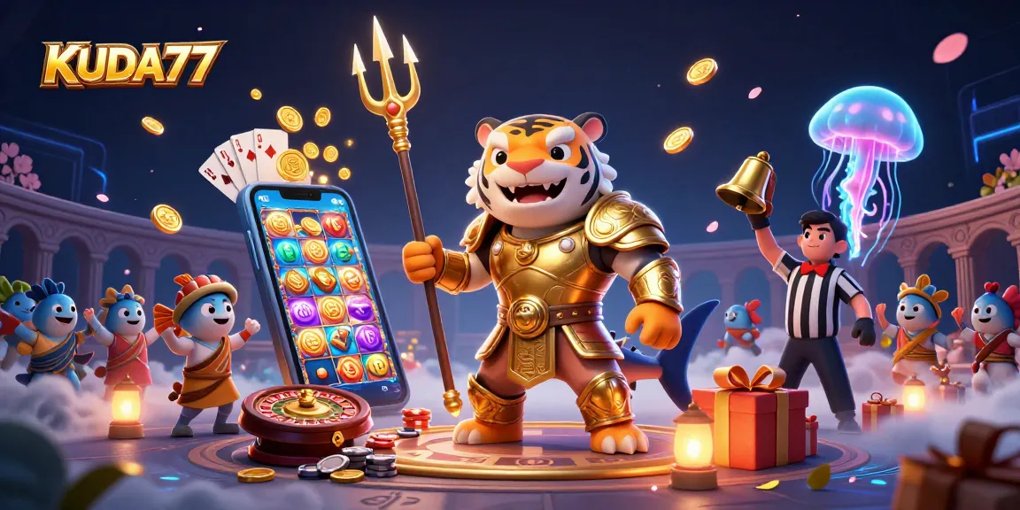 KUDA77 menyajikan ilustrasi kasino dengan hiu penjaga yang bertempur di arena bawah laut sambil dikelilingi slot dan permainan.