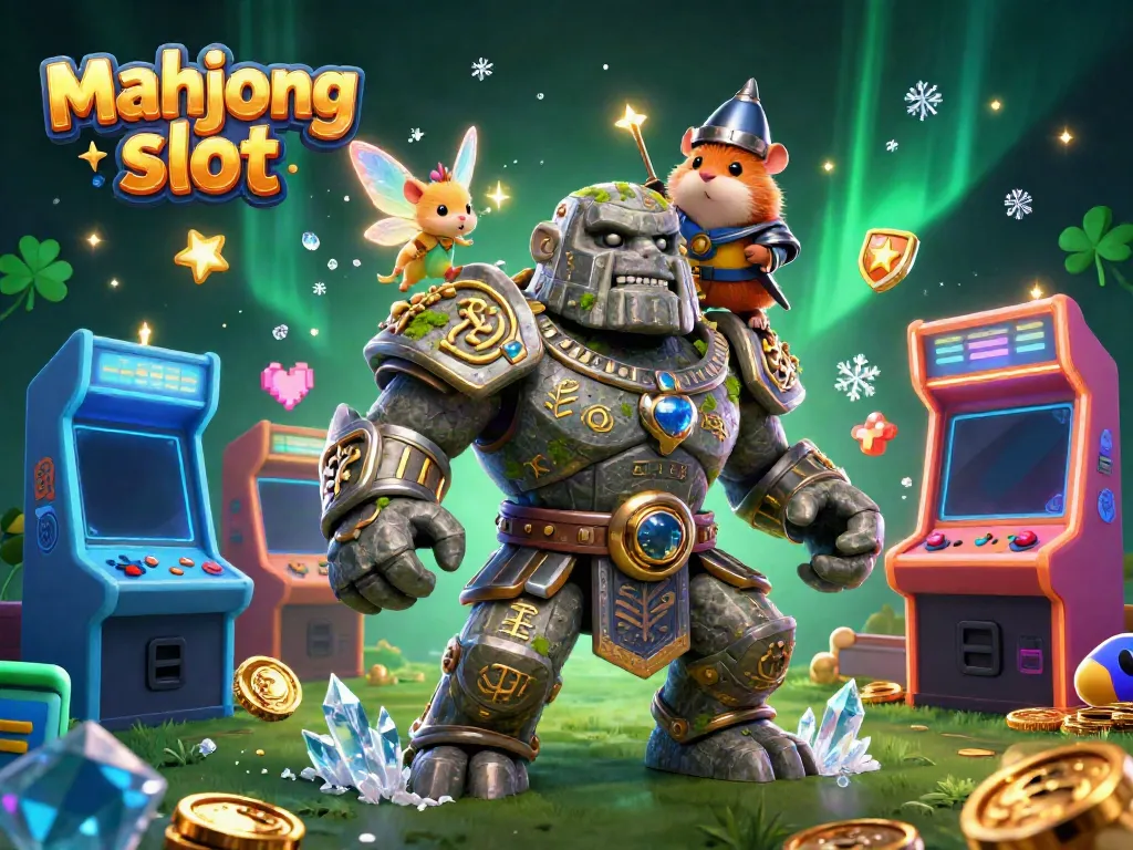 Experience the magic of the mahjong slot with golem guardian and fairy magic in a vibrant casino scene.