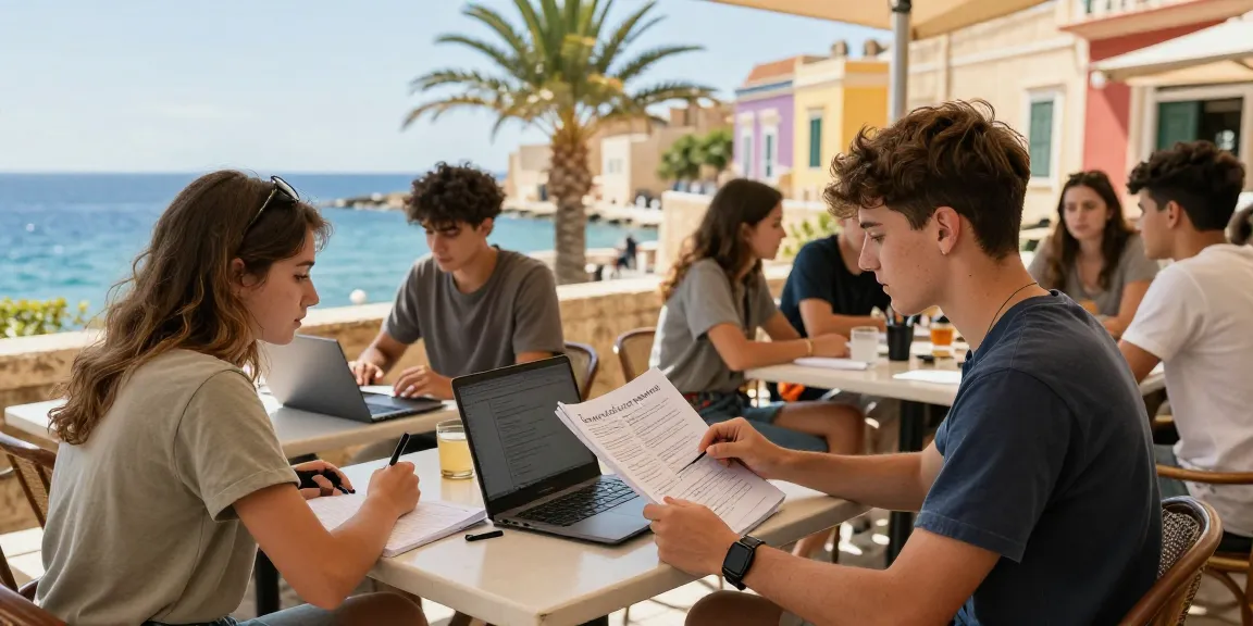 Cours d'anglais à Malte: Étudiant étudiant l'anglais en plein air dans un cadre méditerranéen ensoleillé.