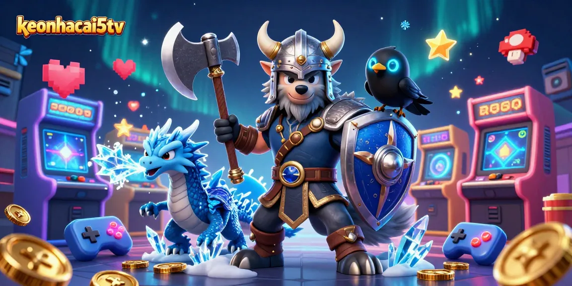 Engage with keonhacai5tv experiences featuring Viking warrior, dragon, and arcade gaming elements.