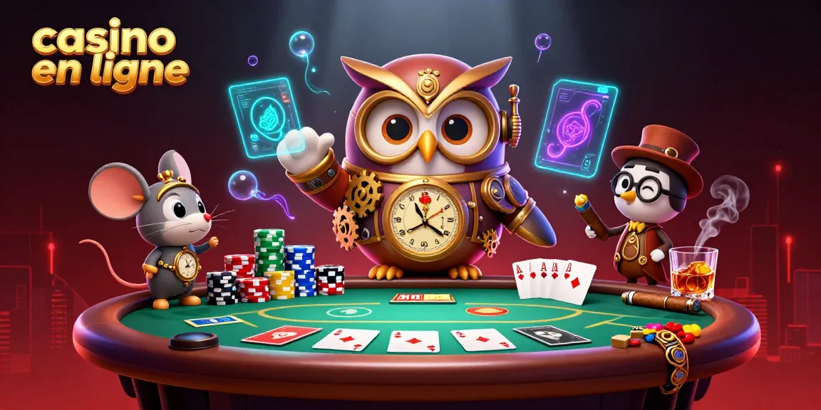 Casino en ligne avec un hibou voyageur et un compagnon à la souris jouant aux cartes dans un décor futuriste.